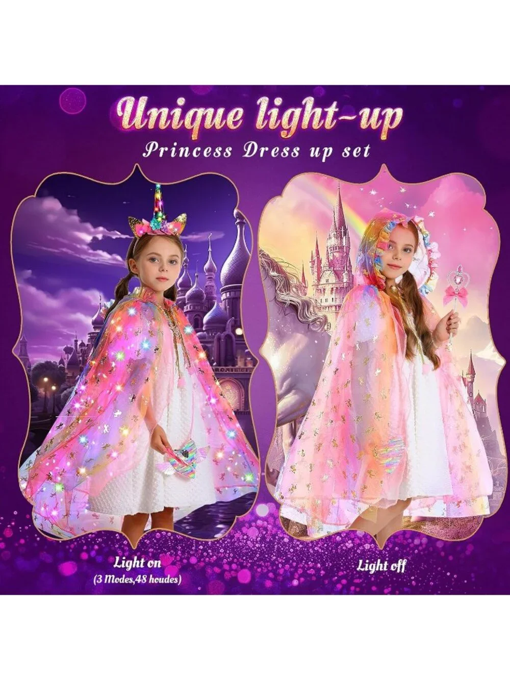 Pink Unicorn Princess Dress Up Set Light Up Cape Costume Girls Ages 3-8